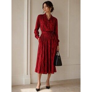 Jack Mulqueen 100% Silk Red Black Polka Dot Maxi Shirt Dress Pockets 10 Vintage